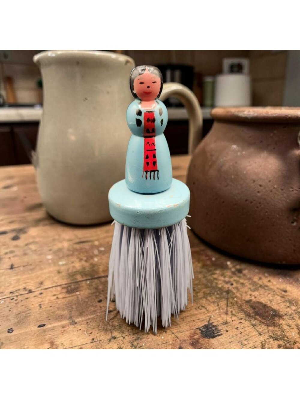 Hand-Painted Wooden Lady Crumb Brush Stiff Bristles 7" Long Vintage